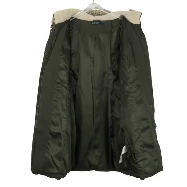 Ralph Lauren Women's Olive Green Long Puffer Coat Fur Hood Medium Down Filled - Image 3