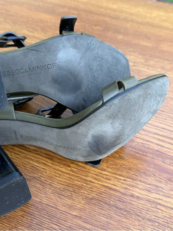 Rebecca Minkoff Leather Block Heel Sandals Women 6.5 Olive Green Buckle - Image 10