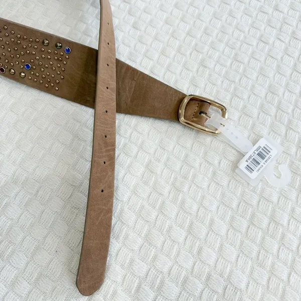 Source Unknown NEW Wide Vegan Leather Belt with Colorful and Metallic Studs Tan Khaki - Image 6