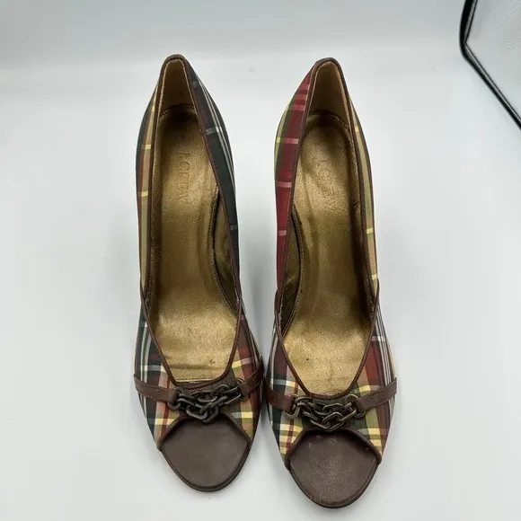 J.‎ Crew Plaid Peep Toe Heels Brown Red Green Chain Detail Stiletto Size 9.5 - Image 11