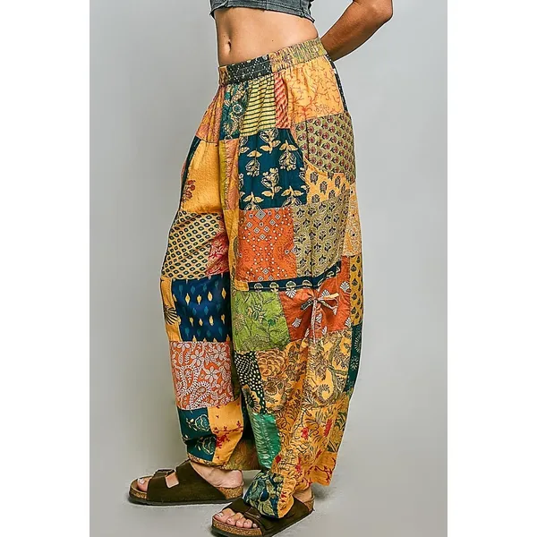 POL Printed Patchwork Wide Leg Pants with Adjustable‎ Side Drawstring - Medium - Image 2