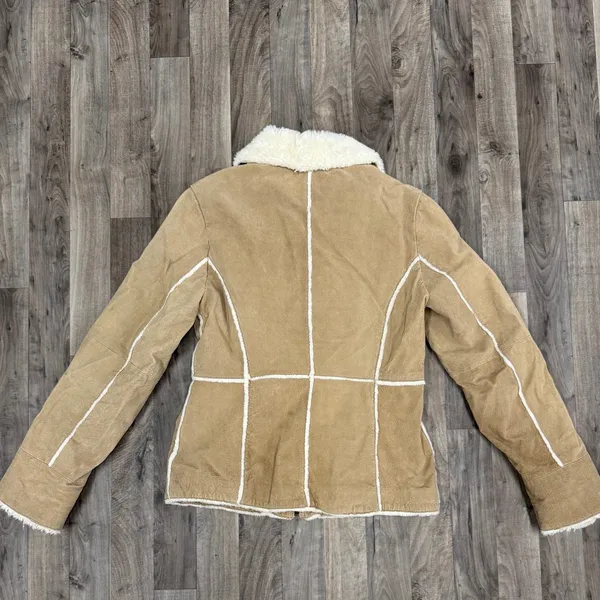 Vintage New York Classics leather fur Borg collared jacket coat Tan Size M - Image 6