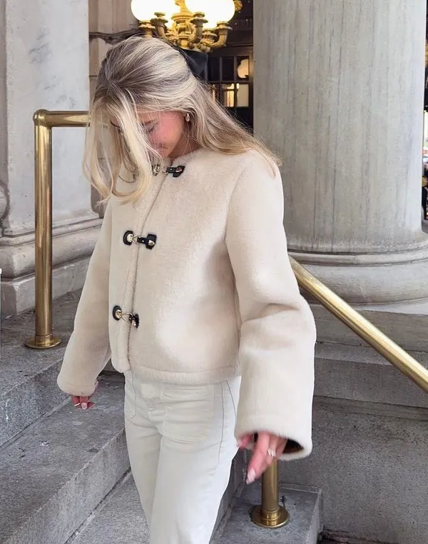 Zara Jacket coat teddy fur ivory cream cropped toggle  - Image 3