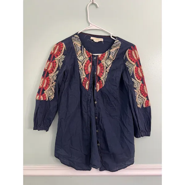 Anthropologie Hei Hei‎ Embroidered Button Down Blouse 0 Tunic Blue Red - Image 2