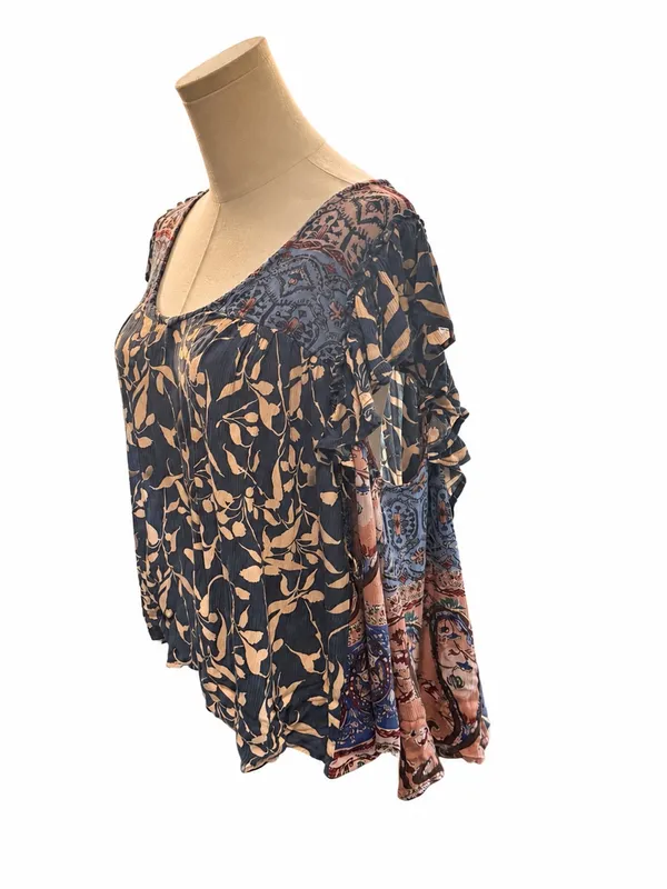 Easel Size Large Boho Mixed Print Flowy Blouse Top Blue Pink Floral - Image 2