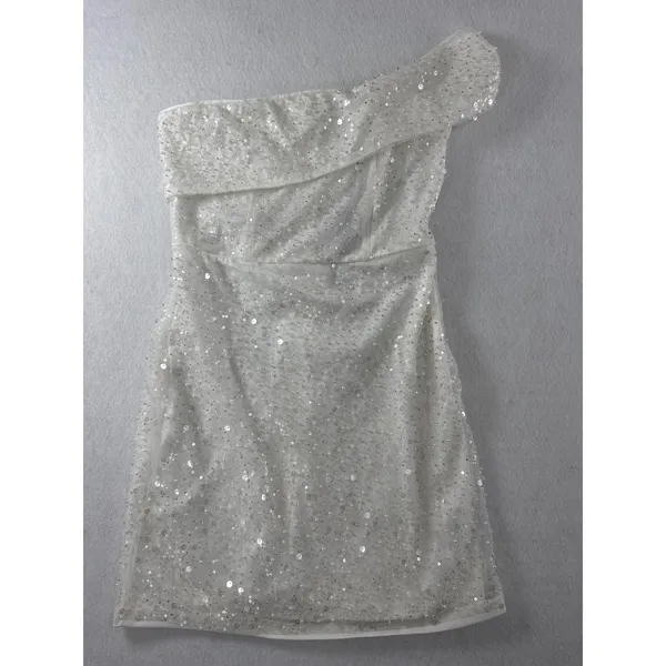 Lulus White‎ One Shoulder Sequin Pearl Embellished Mini Dress NWT Size S - Image 3