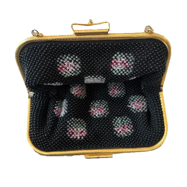 Vintage Corde Bead reversible beaded handbag purse‎ black floral White pattern - Image 5