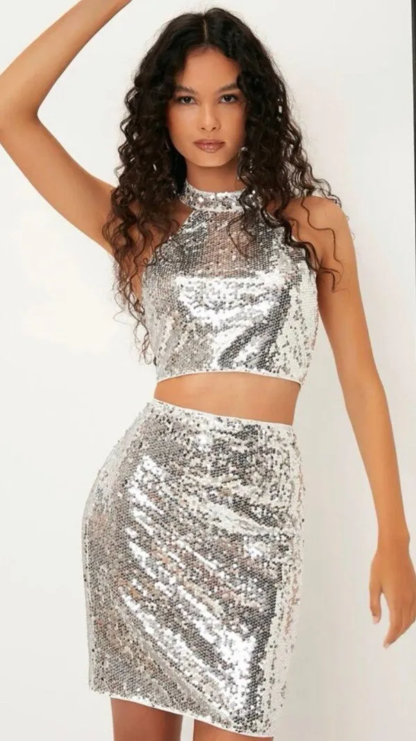 Boutique NWT  Silver Sequin Halter Top & Skirt Set - Image 4