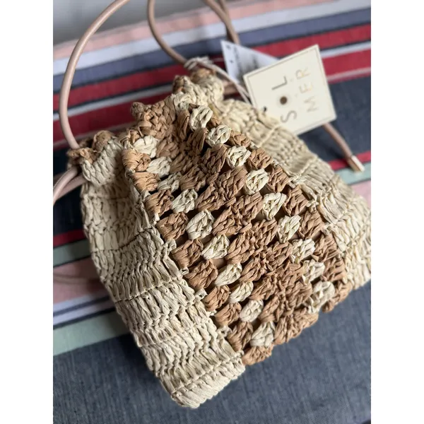 NWT XIIX Straw Bucket Bag Tan Woven Crossbody Coastal Resort Beach Boho - Image 3