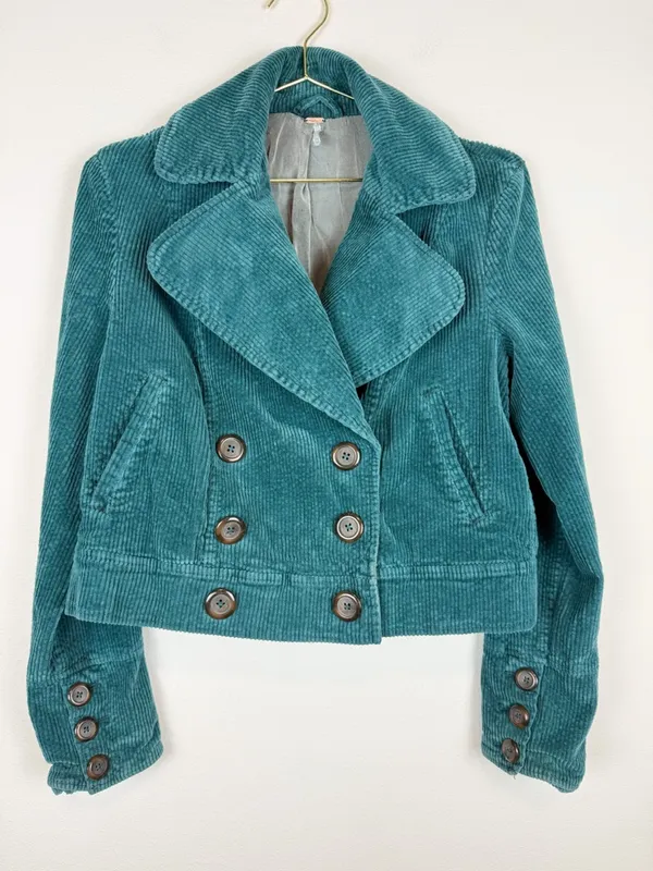 Free People Teal Corduroy Cropped Moto Jacket Size XS - Image 4