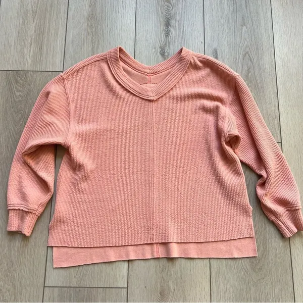Aerie Wonder Textured V Neck Oversized Sweatshirt Saturn Peach Top Coral Orange - Image 8