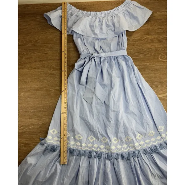 Flying Tomato Dress Women's L Blue White Pinstripe Off Shoulder Embroidered Boho - Image 4