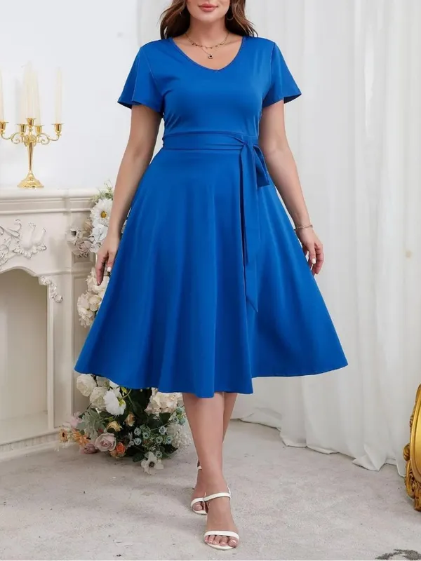Women's Plus Size 3X Royal Blue Midi Dress with Waist Tie - Image 3
