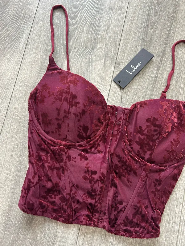 New Lulus Burgundy Floral Burnout Velvet Bustier Corset Crop Top Size Medium - Image 2