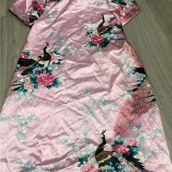 Chic Pink Kimono with Floral and Peacock Design - Image 2