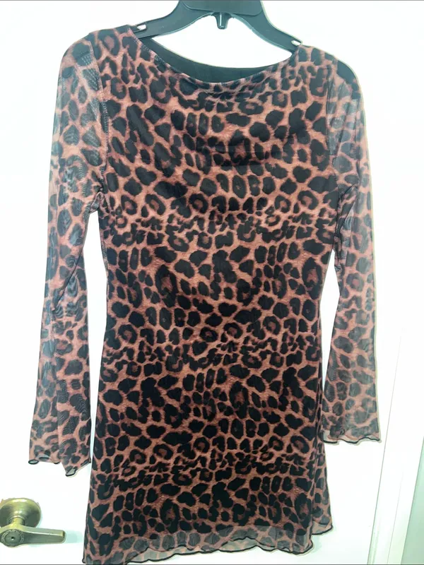 Leopard Print Bell Long Sleeve Sheer Dress - Brown Animal Print Y2k Mesh Sheer - Image 3