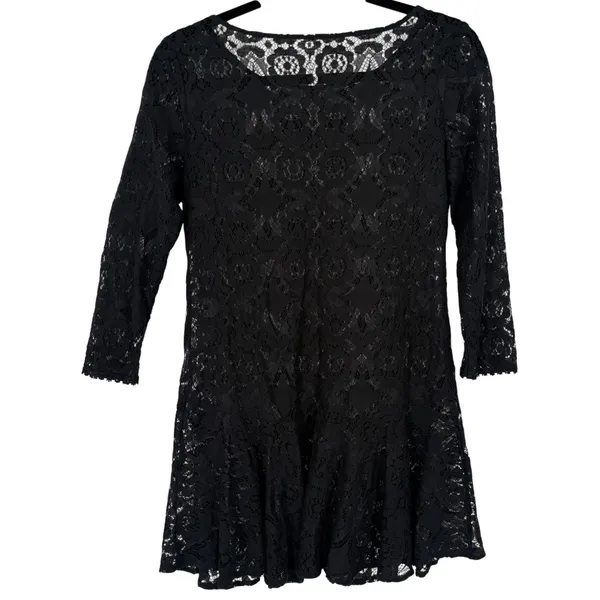 Free People Sheer Floral Lace Mini Dress 3/4 Sleeve Ruffle Hem Black Boho Size 0 - Image 4