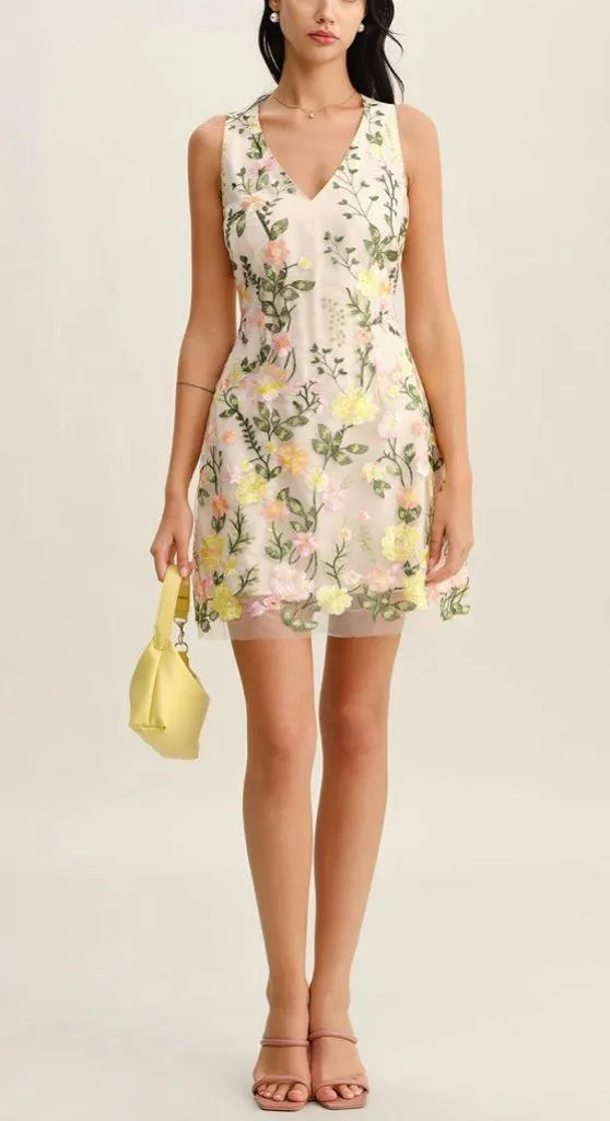 Rihoas Yellow V Neck Floral Sleeveless Mini Dress - Image 5