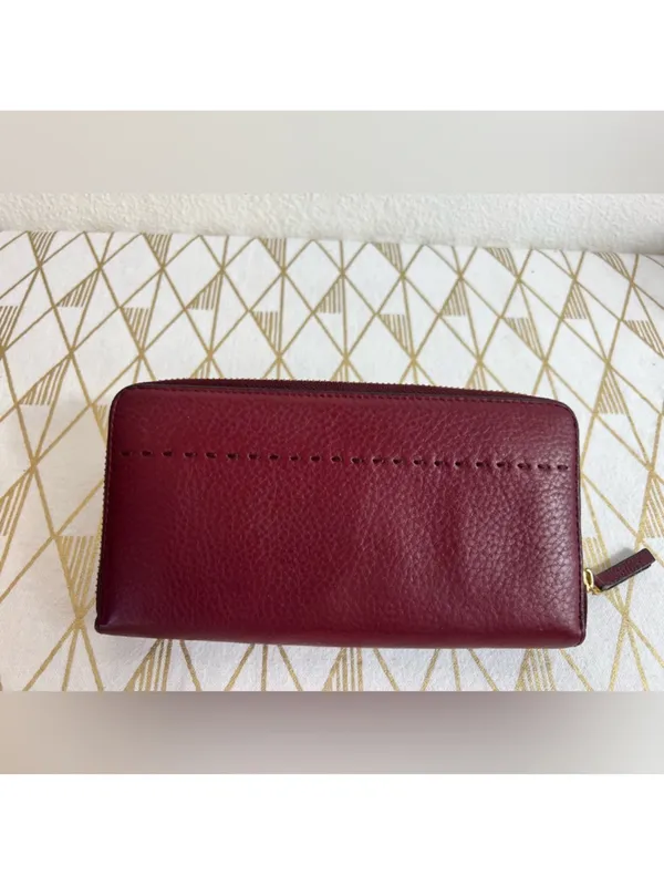 Tory Burch Deep Wine Pebbled Leather Half Zip Wallet - Image 3