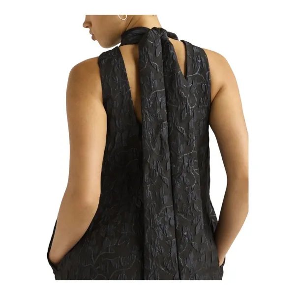 Scoop Mini Dress Women Large Black Blue Metallic‎ Floral Jacquard Mock Neck Tie - Image 4