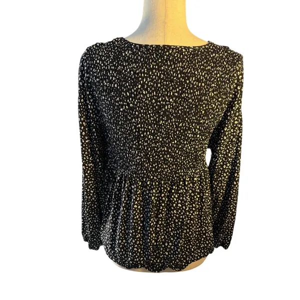 URBAN Romantics Black and White Smocked Peplum Long Sleeve Blouse - Image 3