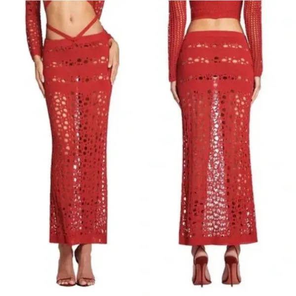 I.AM.GIA Alix Skirt Swim Coverup Maxi Elastic Waist Crochet Sheer Red XXS - Image 2