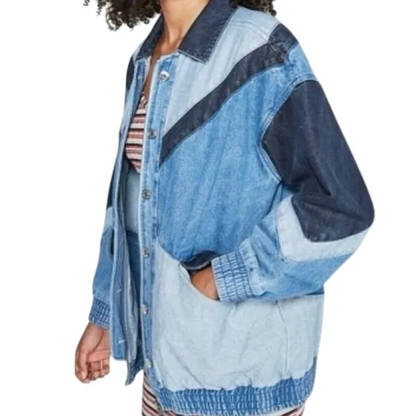 Wild Fable Retro Streetwear Colorblock Denim Bomber Jacket Sz large Blue Chevron - Image 4