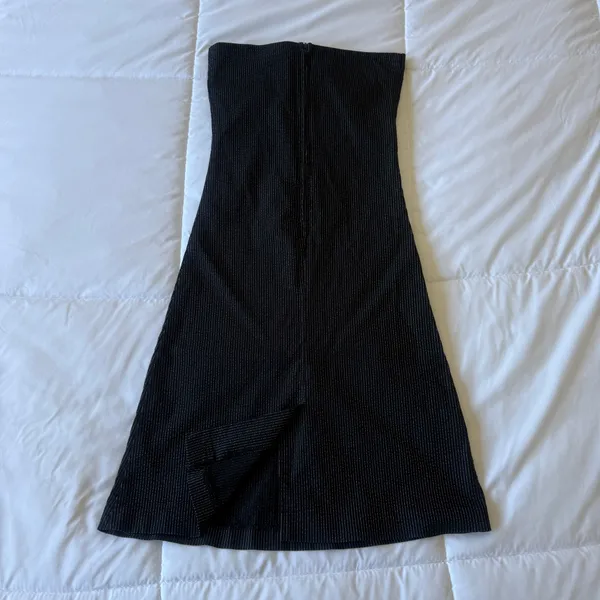 Vintage Y2K Strapless Pinstripe Midi Dress – Corset Style Tailored A-Line Dress w/ Buckle Detail Small - Image 4