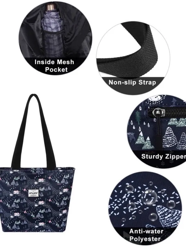 Waterproof Tote Bag Zip Top Multi Pocket Travel Work School Floral Navy - Image 5