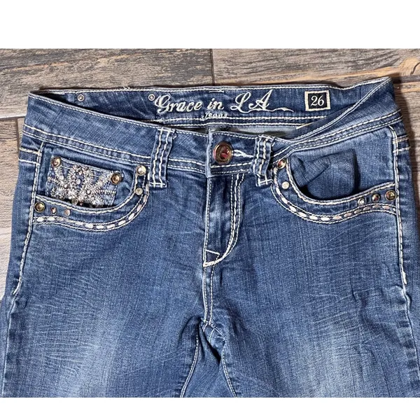 Grace in LA Jeans Size 5/26 TALL Bootcut Embellished Denim Bling Y2K Western‎ - Image 5