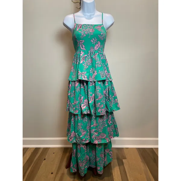 Entro Green Pink Floral Ruffle Dress Size M Square Neck Layered Boutique - Image 8