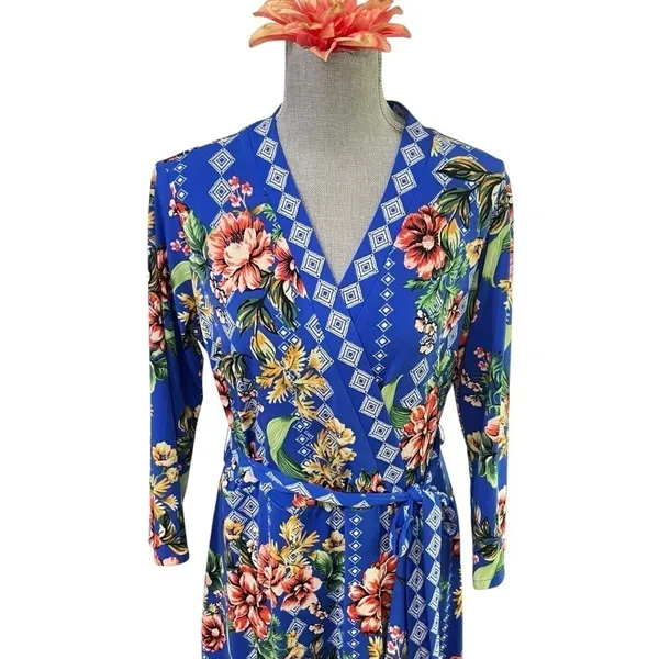 Eci New York Dress Womens Blue Midi Floral Wrap Floral Ladies size L - Image 7