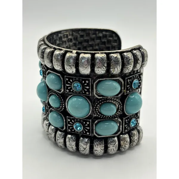 Boho Silver Tone Tuquioise Blue Cabochon Rhinestone Cuff‎ Bracelet Chunky - Image 6