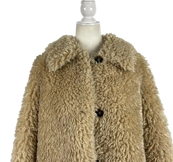 Zara Faux Fur Long Teddy Sherpa Jacket Coat Natural Beige Size Small 8490/241 - Image 3