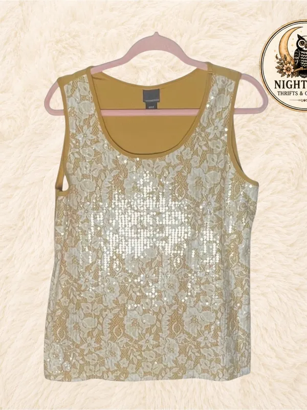 Covington Sequin Lace Tank Top ~‎ Shimmer Sleeveless Blouse Gold ~ Size Large - Image 5