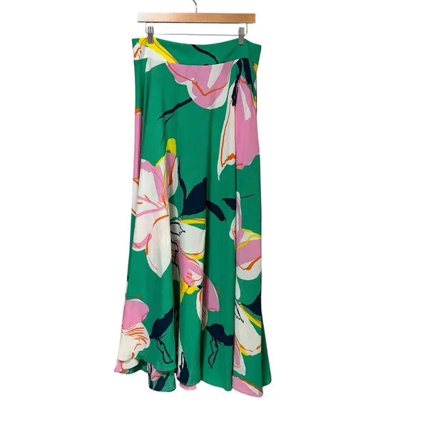 Premier Amour Green Pink Floral High Waist Maxi Skirt Large Crepe Flowy Summer - Image 2