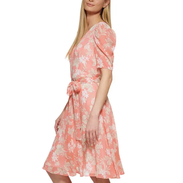 Tommy Hilfiger Womens Tie Front Printed Capelet Fit & Flare Dress Coral Pink 8 - Image 9