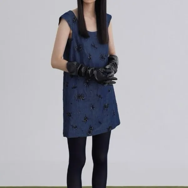 Zara Woman’s Navy Dress Sequin Detail size Medium - Image 16