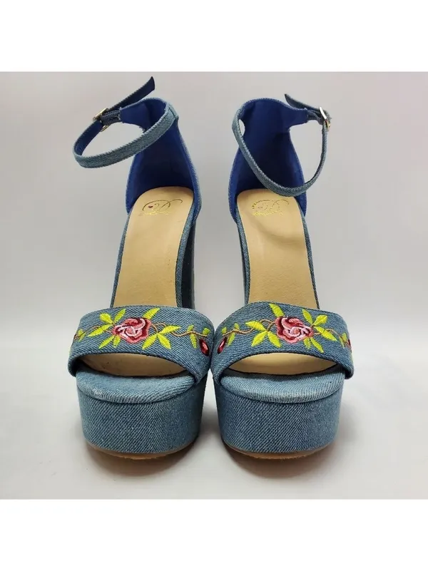 Heart in D Blue Denim Floral Embroidered Platform Heels Sandals Size 8 - Image 9
