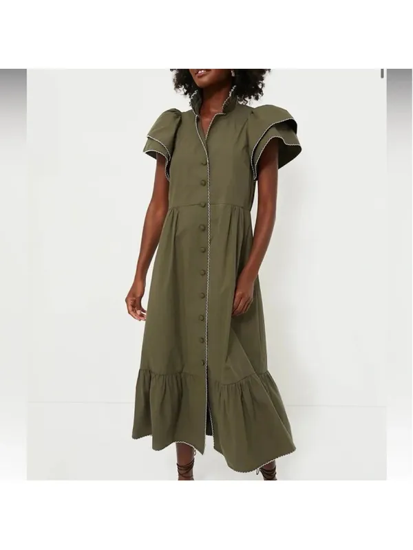 Tuckernuck Olive Green Alice Button Front Midi Dress Collar V Neck Scallop S - Image 3