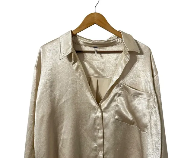 FREE PEOPLE Shooting For The Moon Satin Long Sleeve Button Up Top Shirt Blouse - Image 5