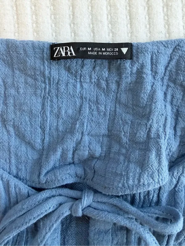 Zara Tie Front Cotton Gauze Coastal Blue Textured Romper - Image 7