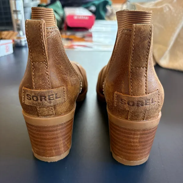Sorel Cate Chelsea Tan Leather Chunky Heel Boots Pull On Western Waterproof 6.5 - Image 3