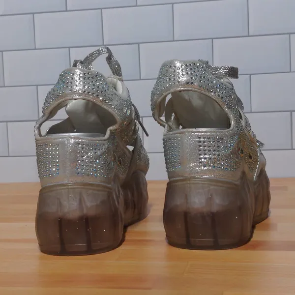 Anthony Wang Platform Sandals Silver Cutout Bedazzled Wedge Y2K 35 (US 4-4.5) - Image 6