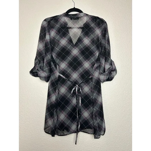 APT 9 Women's L Black Plaid‎ Ruffle Sheer Top w/ Black Tank Top Soft Goth Grunge - Image 3