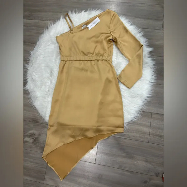 🆕 Chic One Shoulder Gold Dress Size S - Image 2