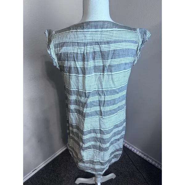 THML Womens Striped Boho Embroidered Pom Pom Trim Shift Dress Grey Blue TM3130 M - Image 5