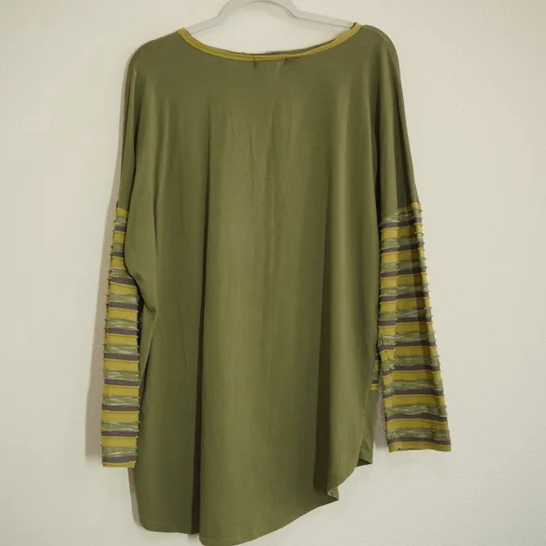 Neon Buddha 1X Tunic Top Green Striped Raw Edge Cotton Pocket Lagenlook Indie - Image 6