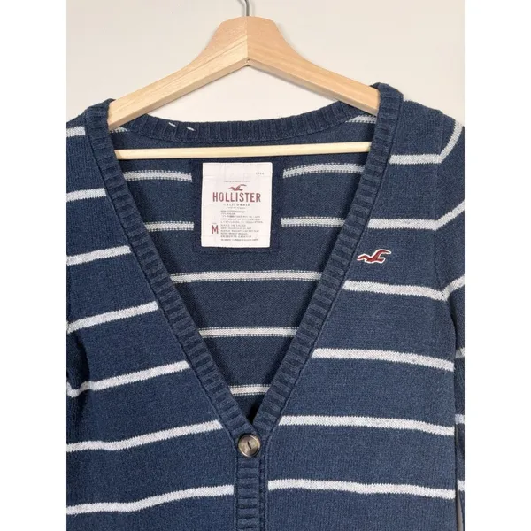 Hollister Women's Striped Y2K Cardigan‎ Sweater M Navy Blue White Rabbit Hair - Image 2