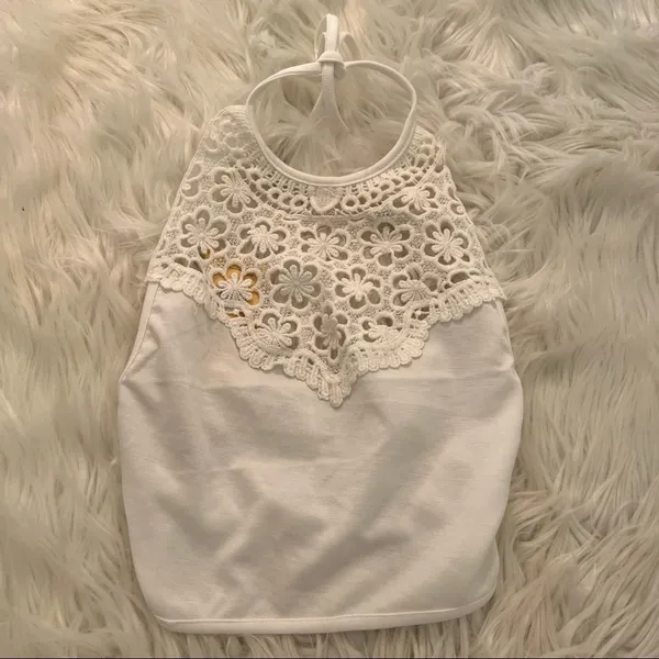 Reverse Women's Juniors Size Medium Crochet Tie Back Crop Top White Halter #9687 - Image 2